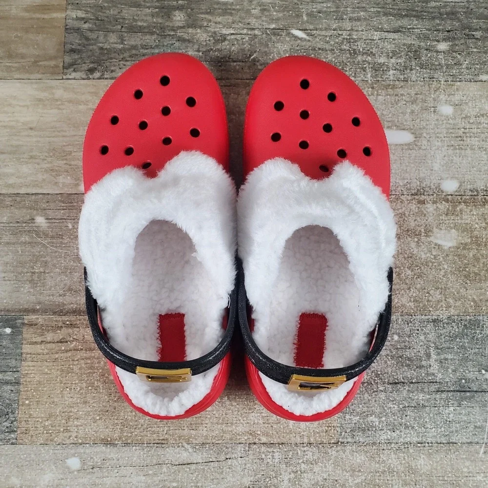 Crocs Classic Lined Santa Kids Clog Sz 2 J2 Red Round Toe Slip-On Sandals